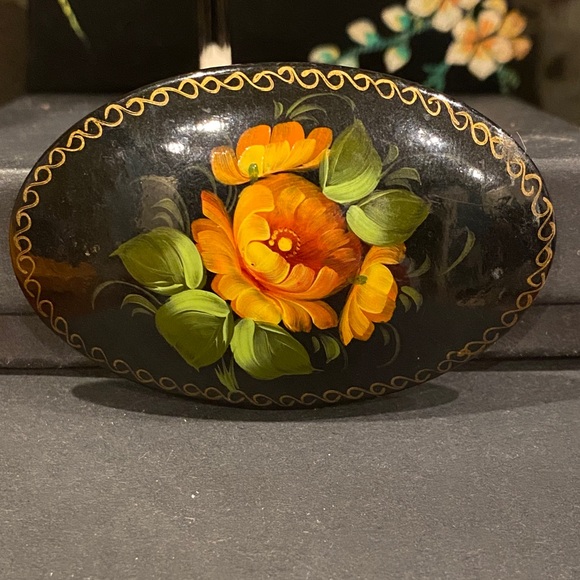 Vintage Jewelry - Russian Signed Floral Hand-Painted Brooch